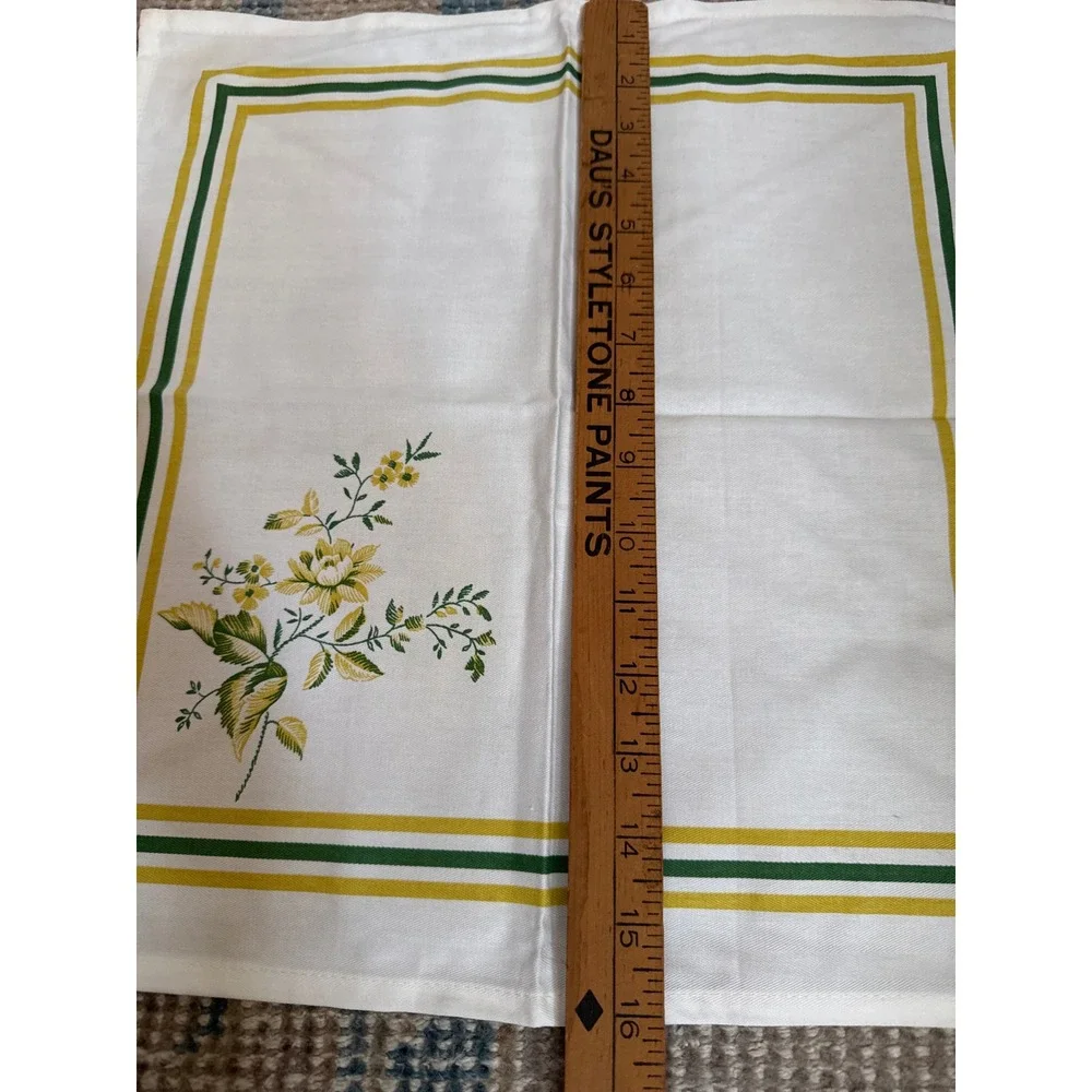Vintage Set of 6 Floral Cloth Napkins White Yellow Green Striped Border 16x16